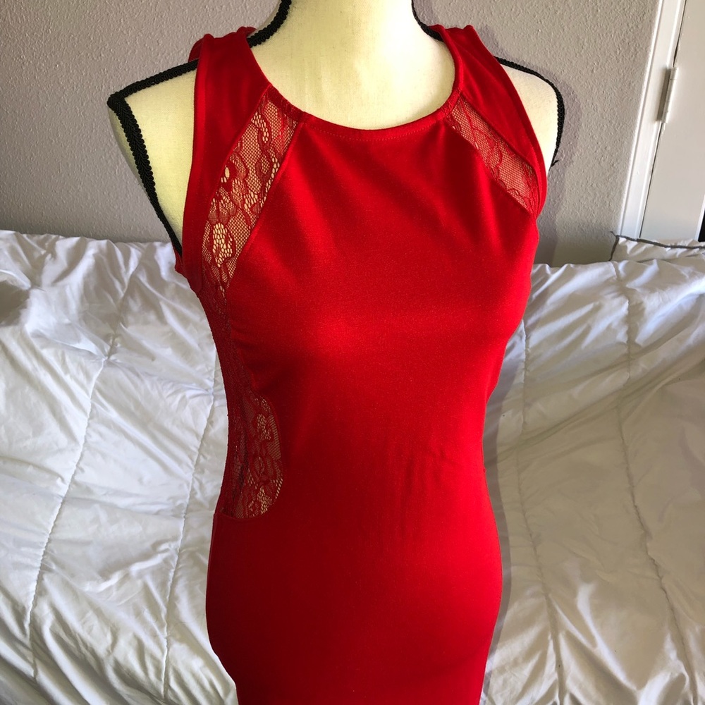 Red fitted, laced back, dress